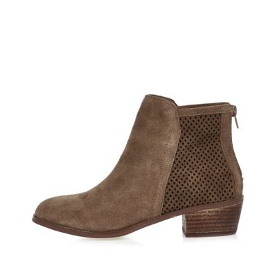 Beige perforated faux suede ankle boots